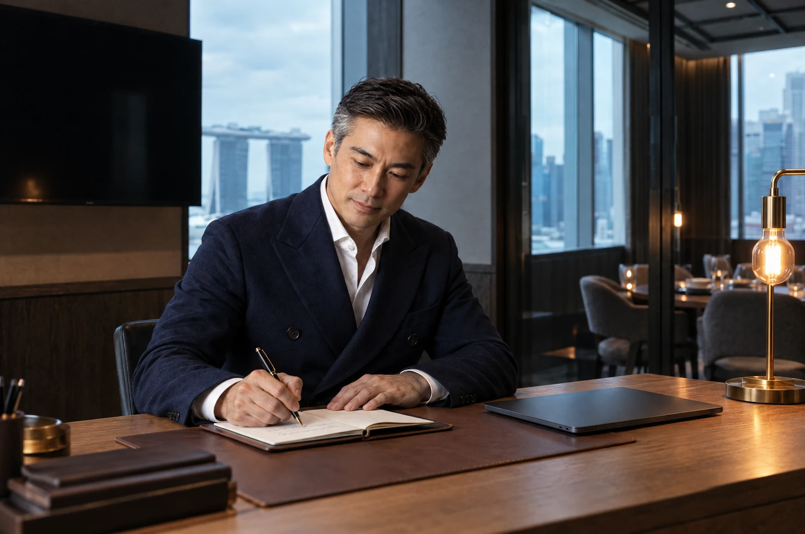 A membership director writing a personal note at his desk