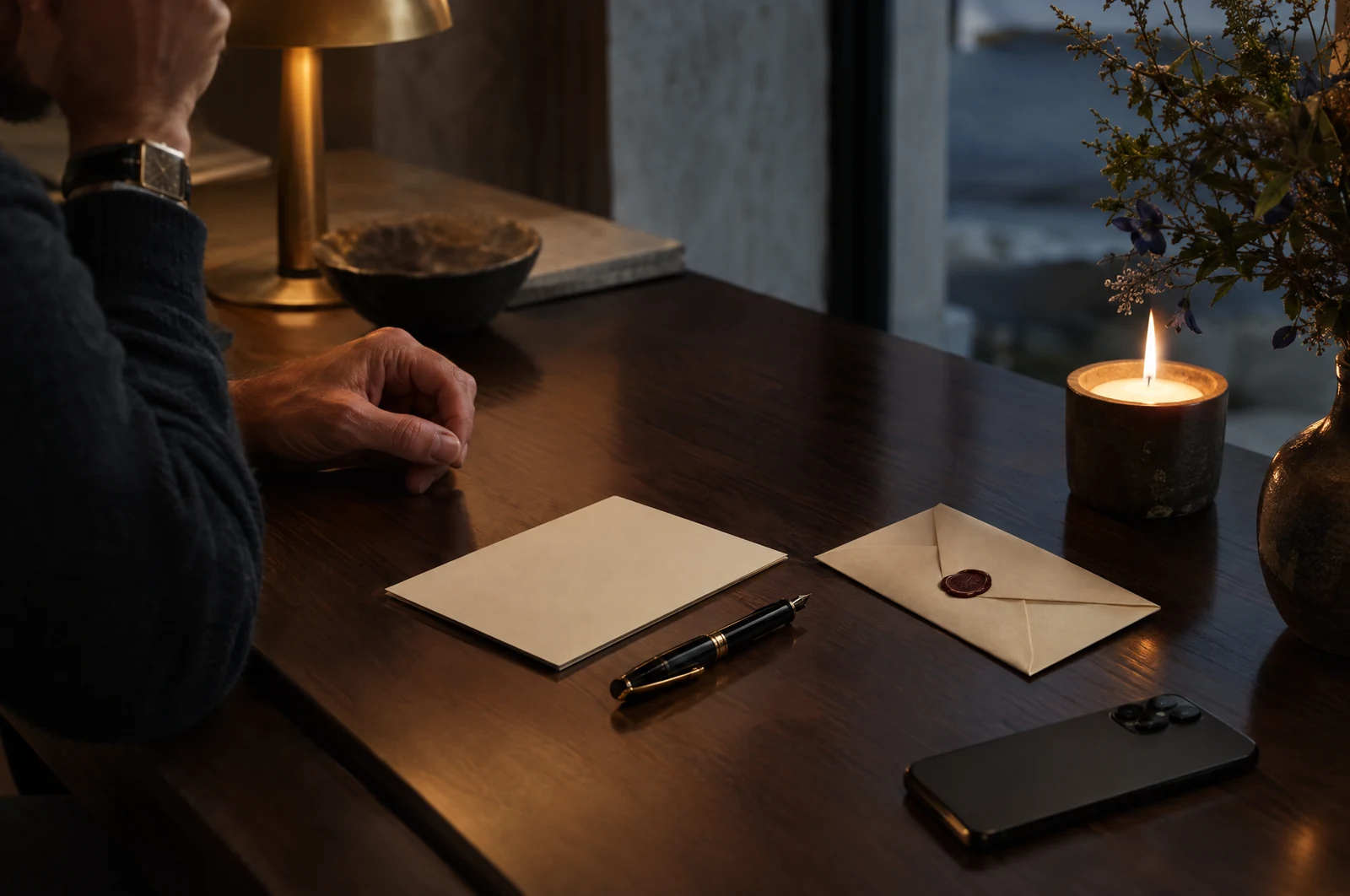Cream card stock, a fountain pen and a sealed envelope on a walnut desk