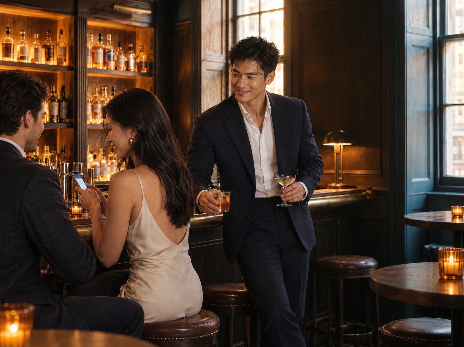 A host collecting a couple from the bar when their table is ready